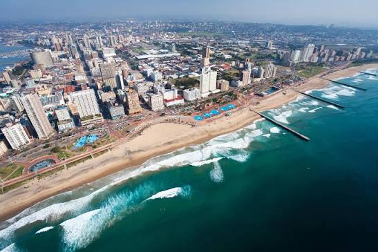 Durban Golden Mile beach, Indian Ocean skyline, South Africa