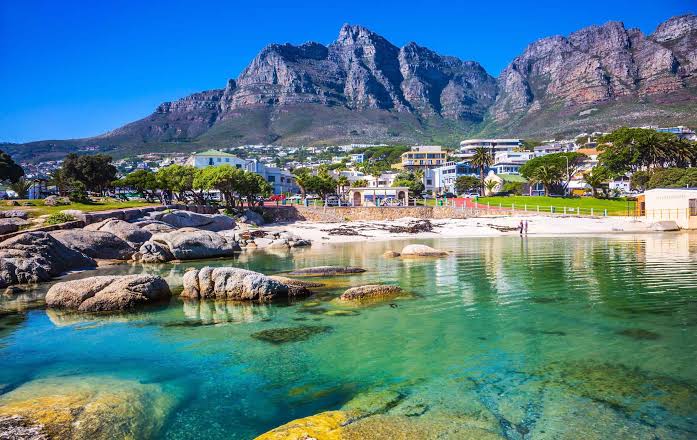 Aerial view of Table Mountain and Cape Town coastal coastline, South Africa